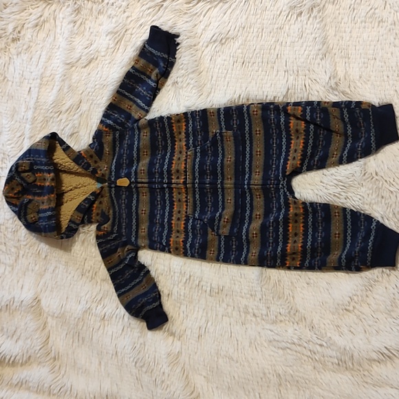 🧸Carter's Baby Boy Navy Blue Olive Green Fleece Sherpa-Lined Hooded Pajamas 6M - Picture 1 of 7